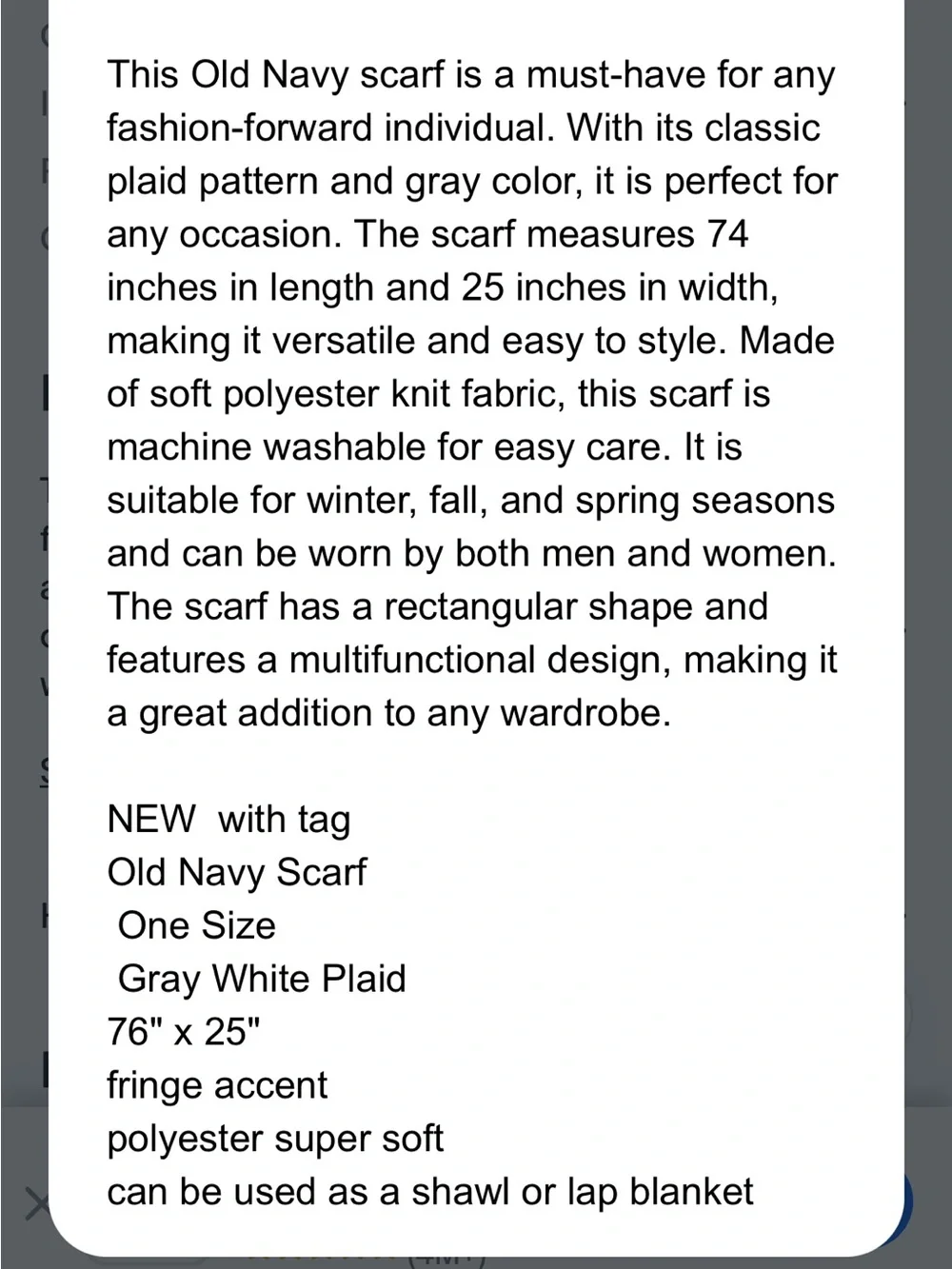 Old Navy Cream and Light Gray Plaid Fringe Scarf
